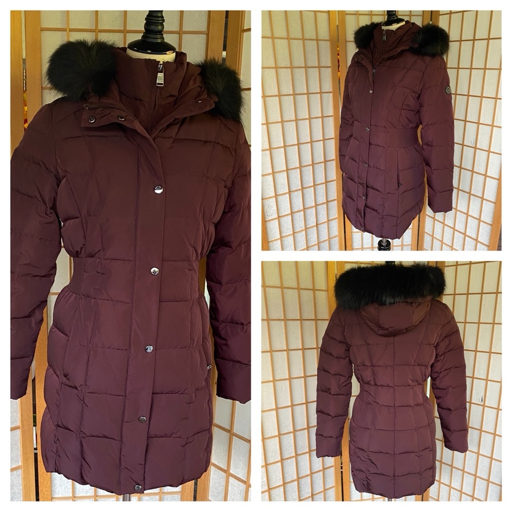 Calvin Klein Bordeaux Down Mid Length Faux Fur Trim Hooded Puffer Coat SZ S